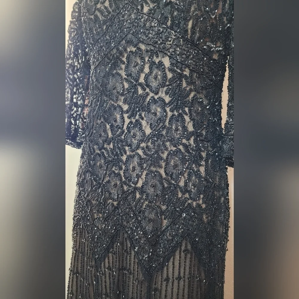 Pisarro Nights Floral Beaded Mesh Drop Waist Midi Dress size 12